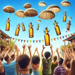 DALL·E 2023-11-21 08.54.18 - Parachuting beers approaching a lively party scene. Several bottles of beer, each with a tiny parachute, are descending towards a group of cheerful pa.png